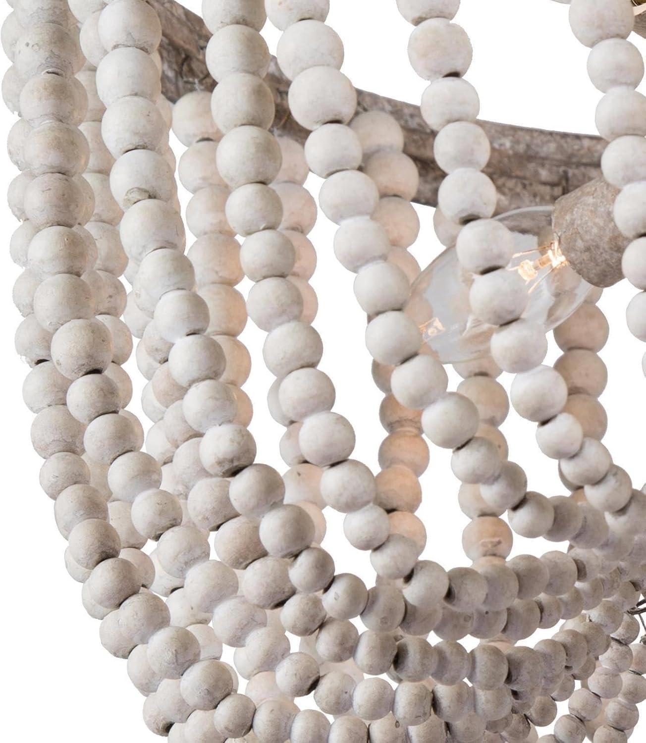 Wood Beaded Chandelier, French Country Distressed Gray White Boho Light Fixtures for Dining Room, Living Room, Kitchen, Bedroom and Foyer(4 Light)