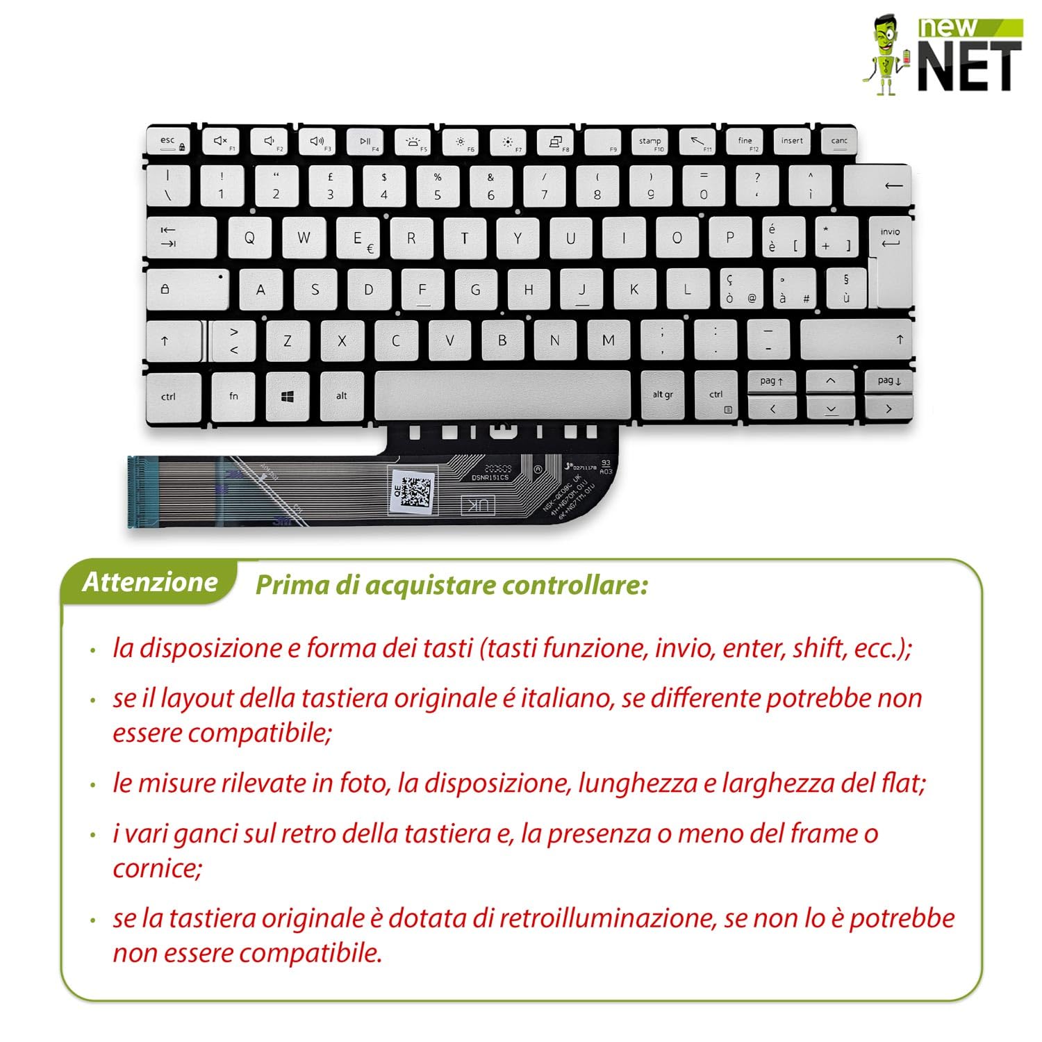 Tastiera compatibile con Notebook Dell Vostro 5301 5390 5391 5401 5402 5490 Retroilluminata Layout ITA Argento