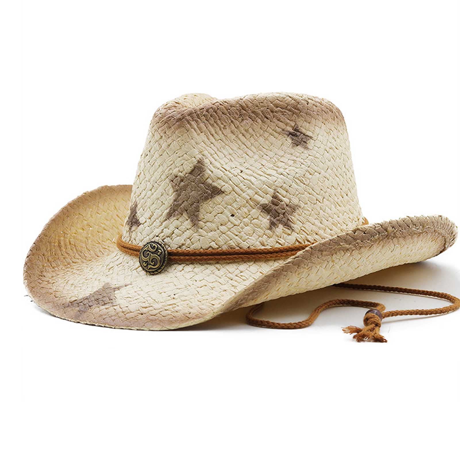 Generic Sombrero de Cowboy Hombre Mujer Sombrero Vaquero Occidental Cowgirl Hat Gorros de Paja Panamá con Cinturón, Sombrero de Playa de Verano, Sombrero de Sol de ala Ancha para