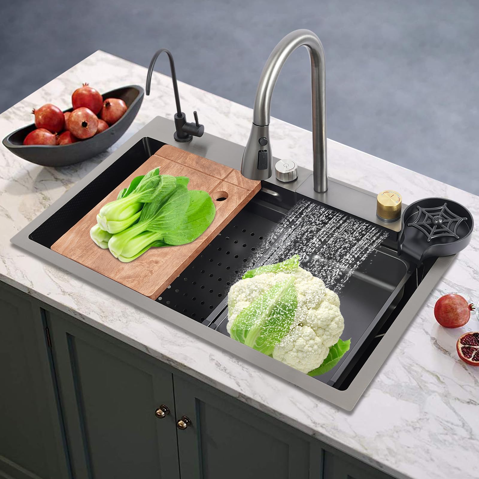 Lavello da cucina a cascata, grande 1 vasca, lavello singolo, nero in acciaio inox, con rubinetto estraibile, lavatrice per tazze (75 x 45 x 21 cm)
