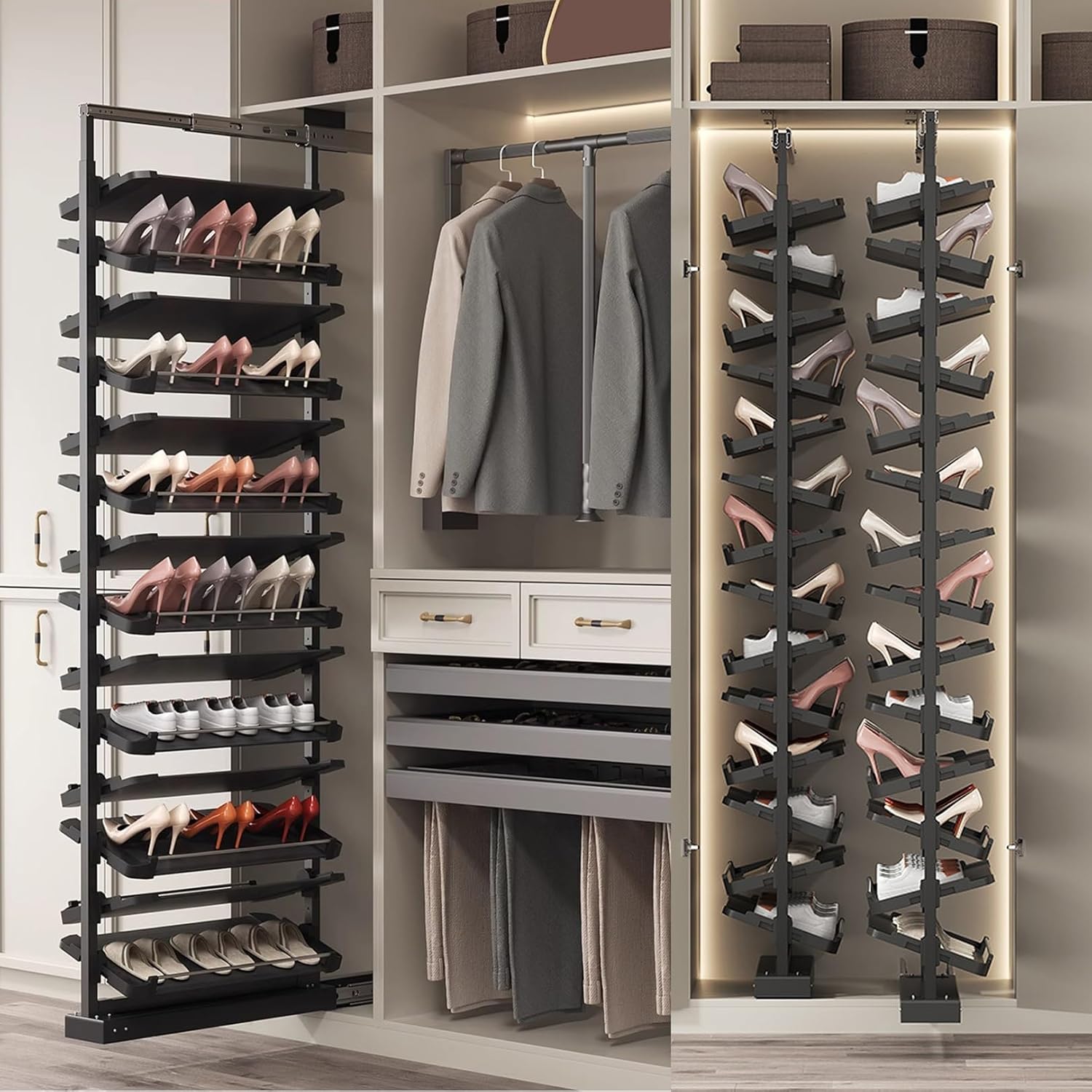 Adjustable Pull-Out Shoe Rack Organizer - Stackable Metal Shoe Cabinet for Closet, Vertical Space-Saving Storage Solution, 15 Tiers, Black, Perfect for Small Spaces (45cm)