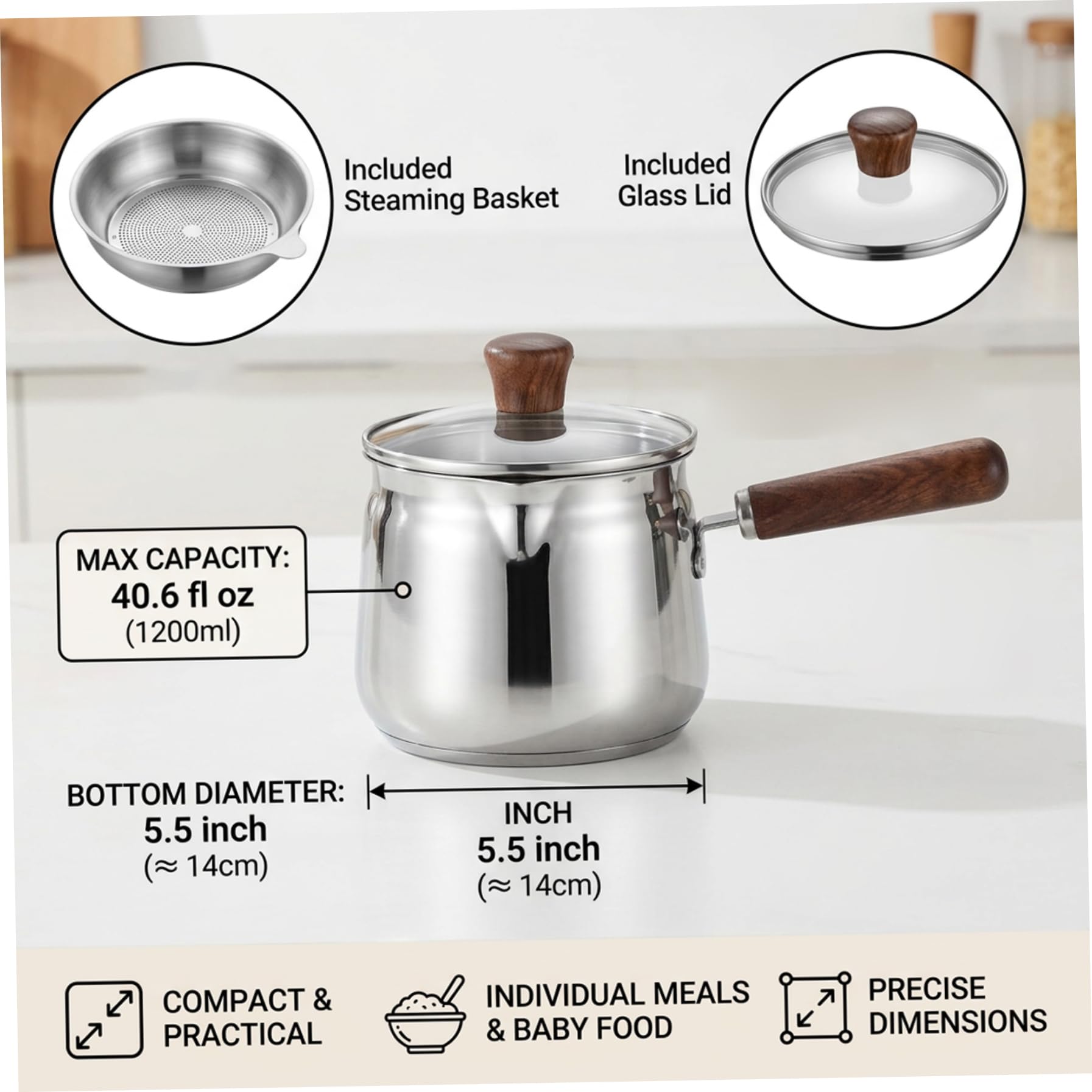 Edelstahl-Topf mit Deckel und Ausgießer, Edelstahl-Topf, Saucentopf mit Deckel, Milchtopf, 1, 2 l, Milchtopf für Babynahrung und Kochen, 304, lebensmittelecht, kleiner für Nudeln