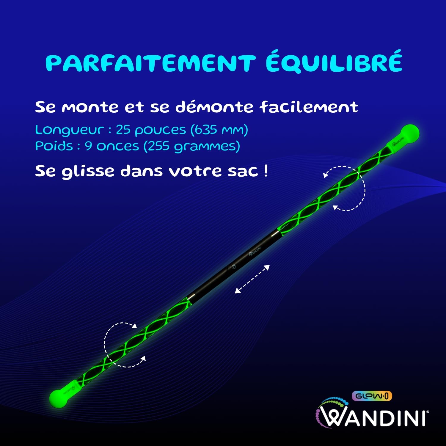 Wandini Glow.0 Baguette Magique Pliable de Lévitation à LED – Baguette Lumineuse Rechargeable par USB - 22 Modes de Lumière de Couleur – Bâton Magique à LED Brevetée et Équilibrée par des Experts.