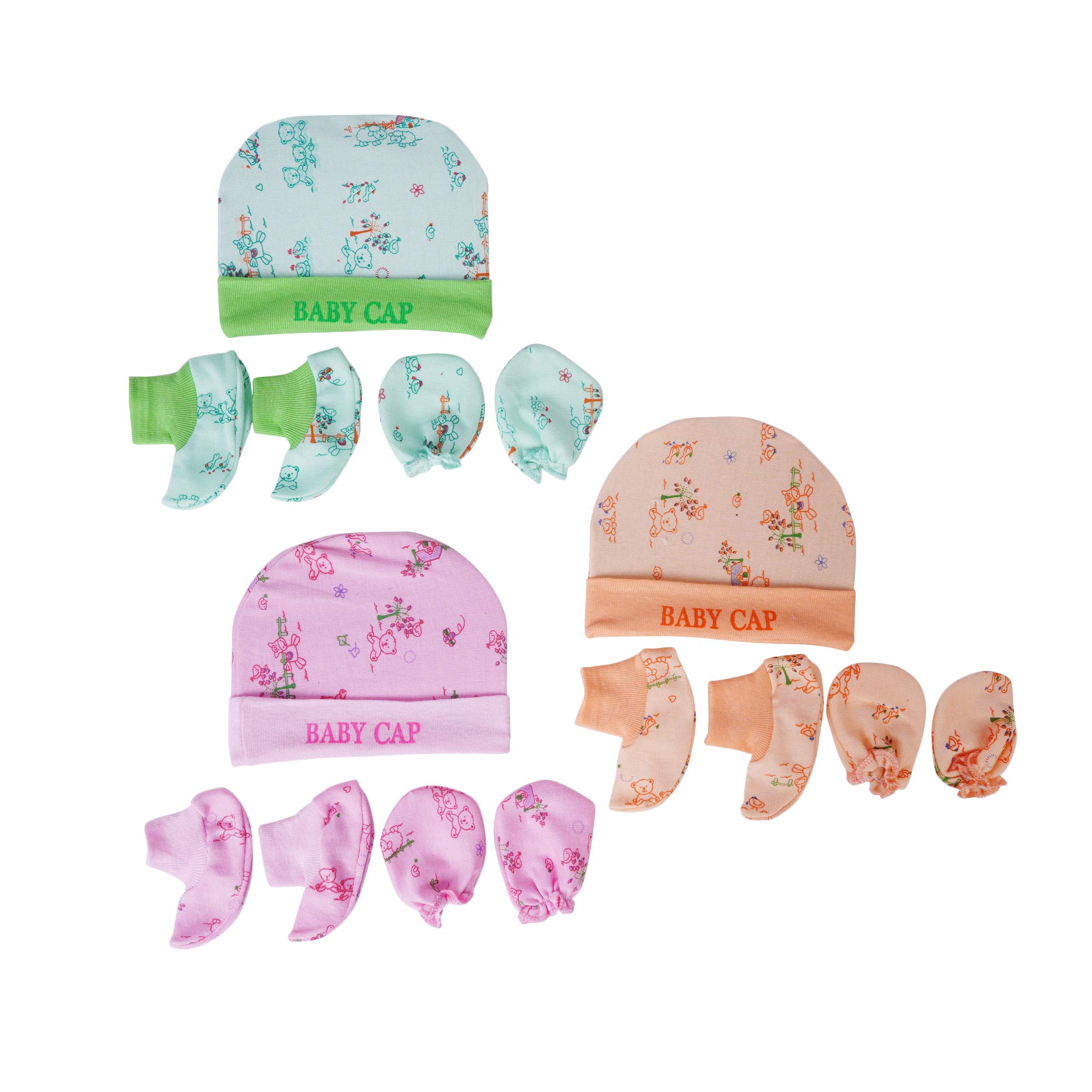 MW PRINTS Baby Soft Cotton Mitten Sets with Cap and Booty-Pack of 3