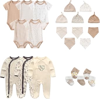 MAMIMAKA Newborn Baby Clothes Sets 23-Piece, 5-pack Bodysuit+3PJS and Accessories for 0-6 Months