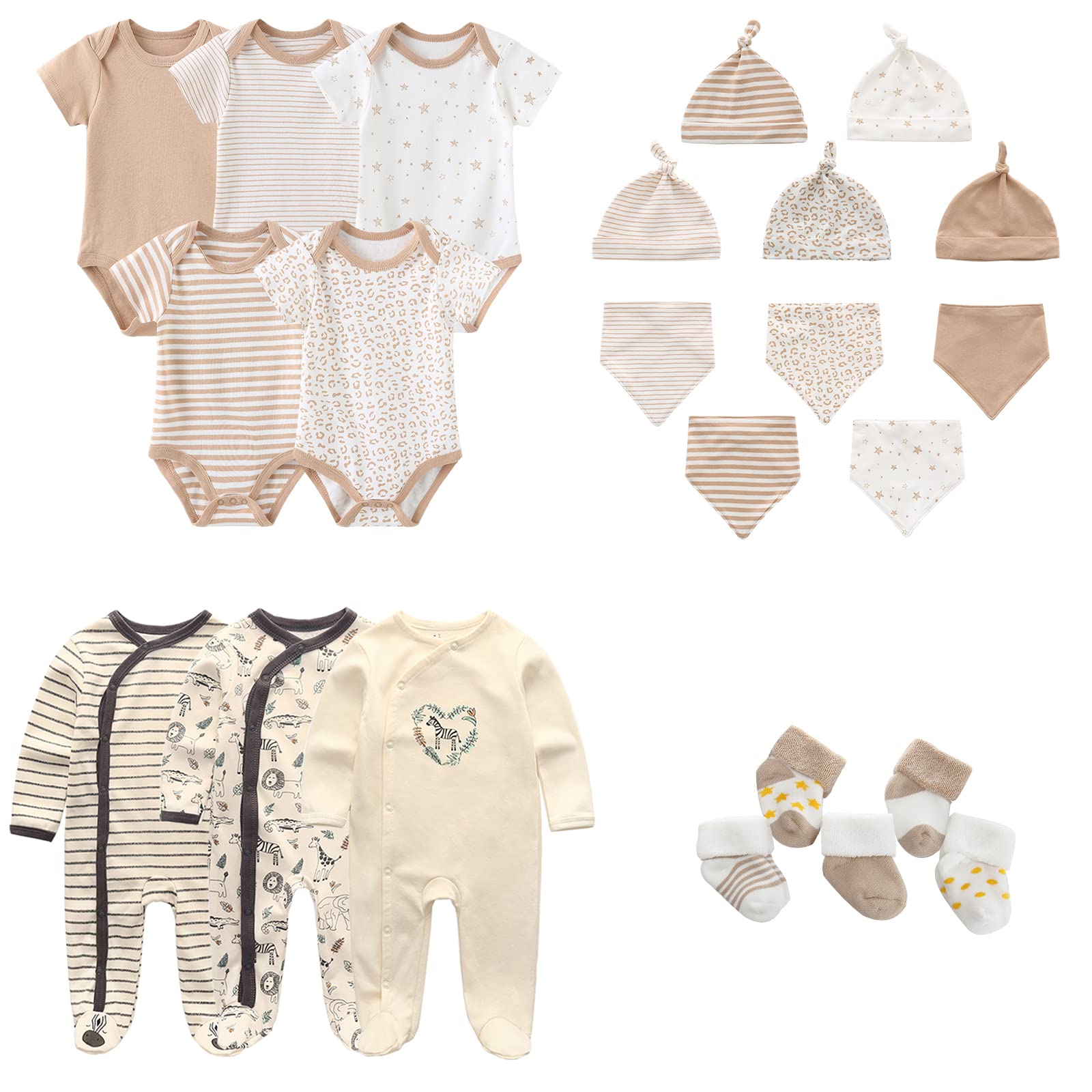 MAMIMAKA Set di vestiti per neonati da 23 pezzi, confezione da 5 body + 3PJS e accessori per 0-6 mesi