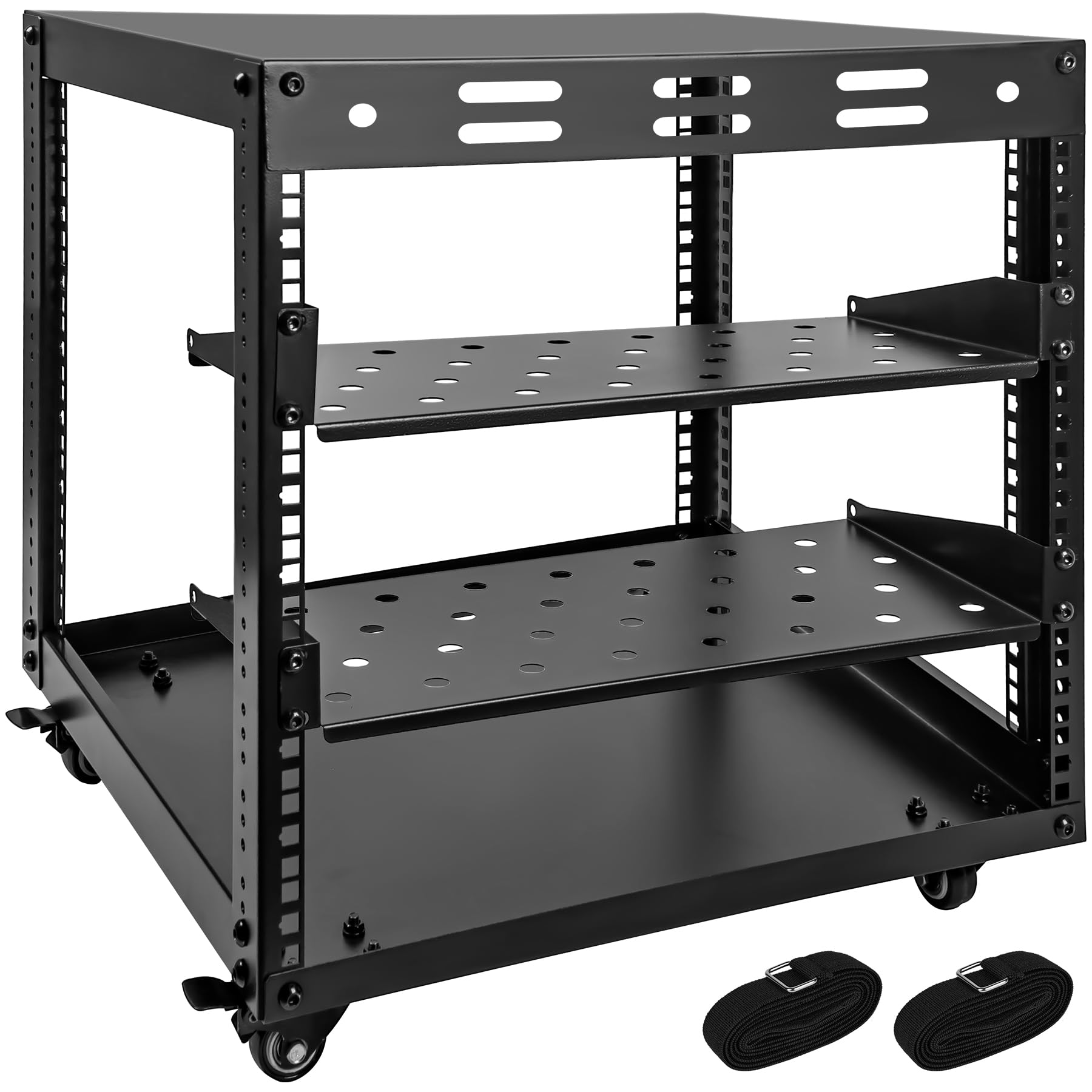 10U Open Frame Server Rack, Wall-Mountable 4-Tier Network Rack w/Swivel Casters, Two Shelves, Top & Bottom Panels, for Stereo/Computer/Data/IT Equipment, 19.6' L x 18.7' W x 22' H