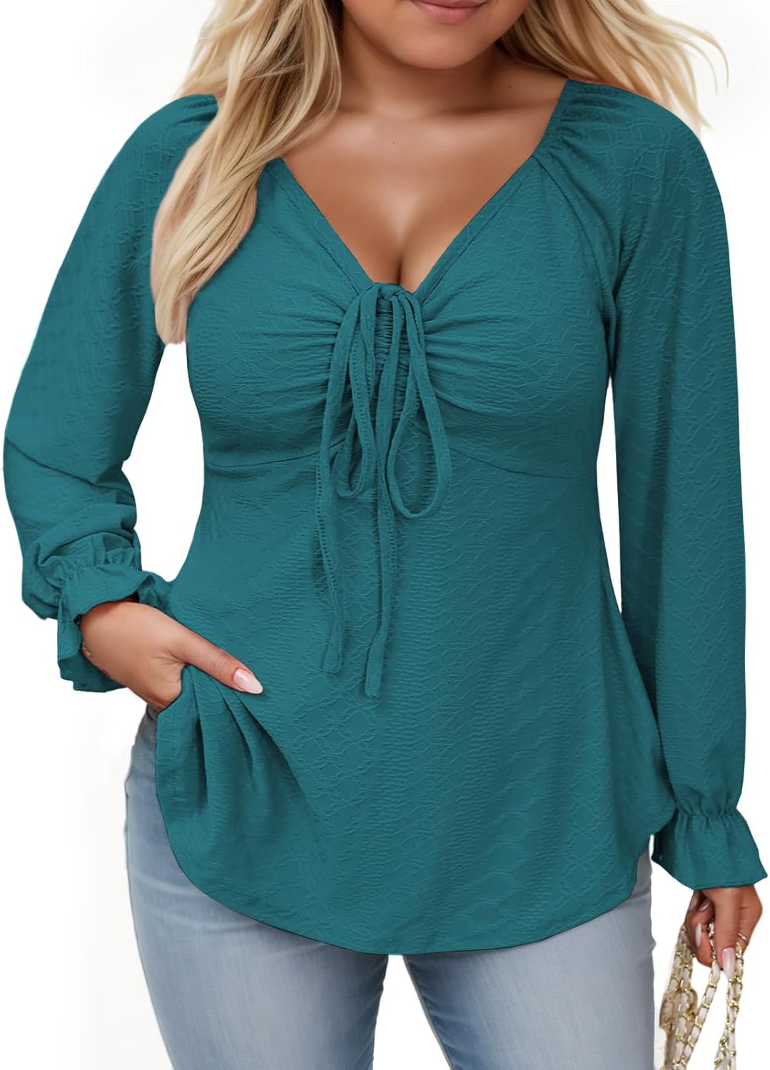 VISLILY Womens-Plus-Size-Tops Dressy V Neck Puff Ruffle Sleeve T Shirts Trendy Eyelet Blouses Casual Drawstring Loose Tunics - Image 2