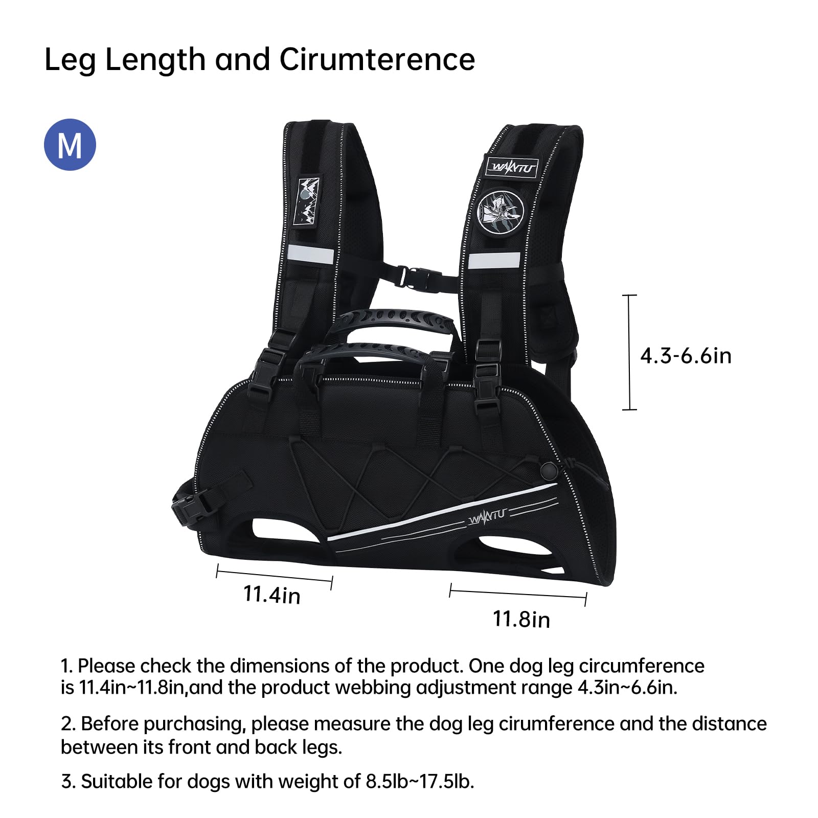 Wakytu Sac à dos et sangle de transport pour petits chiens - Bretelles de transport réglables rembourrées et respirantes - Idéal pour les chiens handicapés de taille M (4 à 8 kg)