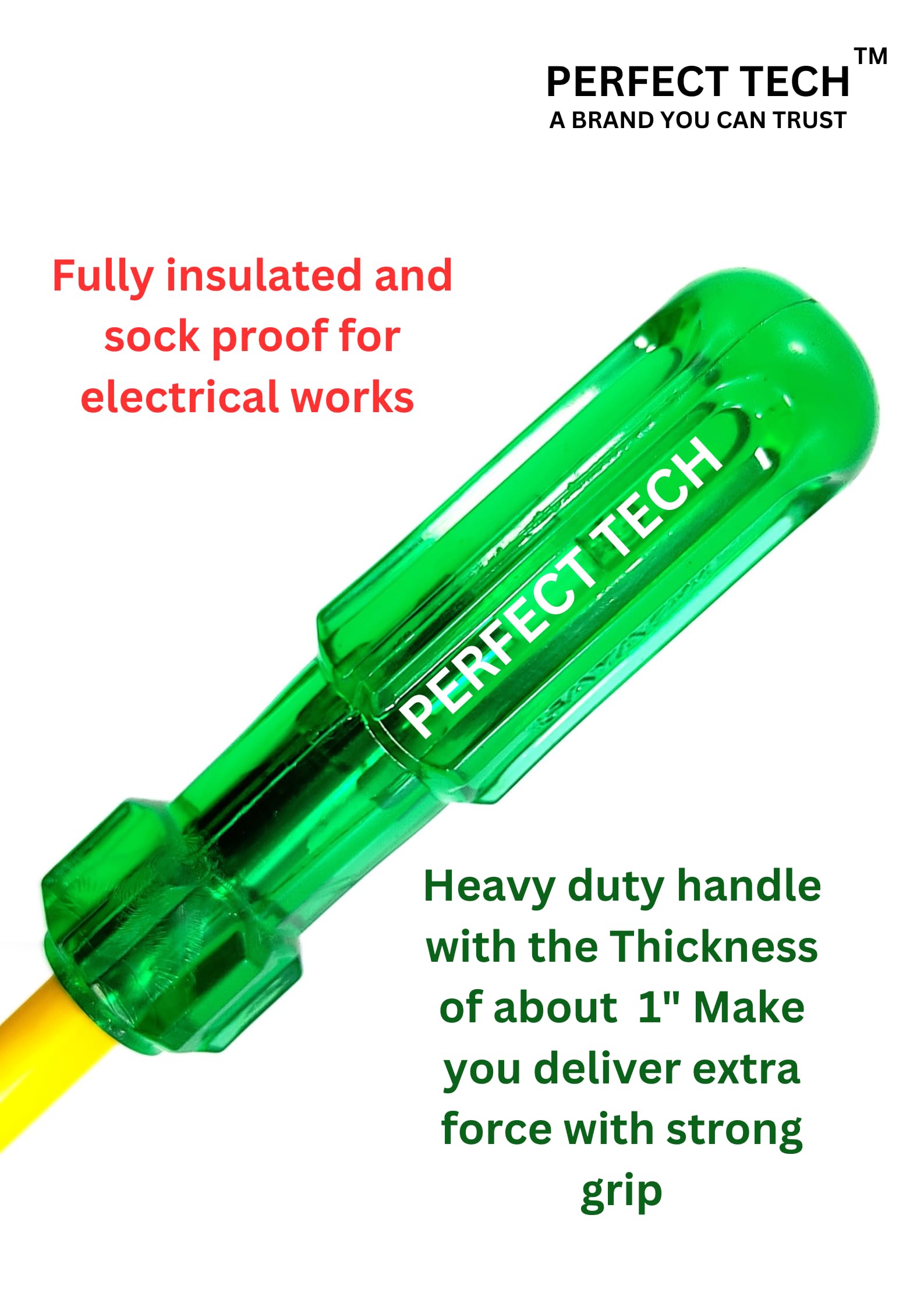 PERFECT TECH Pack of 4 Pcs Flat Head 8 mm Screwdriver | Steel 2 in 1 Screw Driver | Wlectrical Works | Hand Tools | Screwdriver Set Tools Kit | Green & Yellow (Rod Length - 6,8,10 &12 Inch) 3