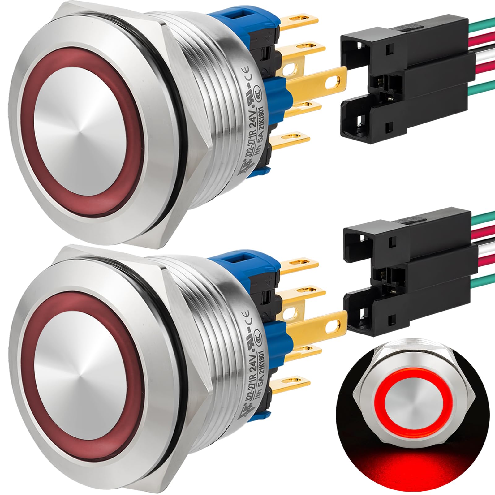 ZJWZJH Push Button Switch 22mm Momentary 24V Metal Power Button 1NO 1NC SPDT On Off Waterproof Industrial Switches with Wire Socket Plug 7/8" 2 PCS (