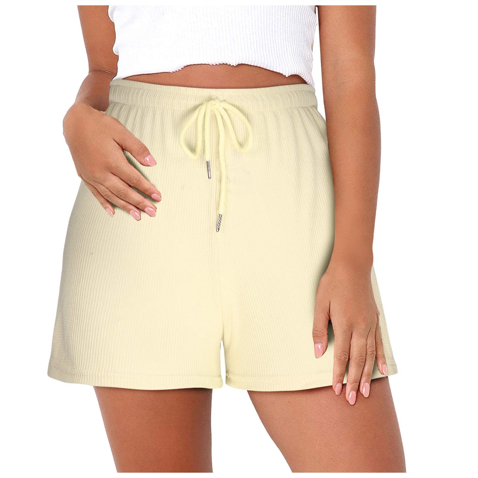 Womens Waffle Knit Shorts High Waisted Drawstring Elastic Waist