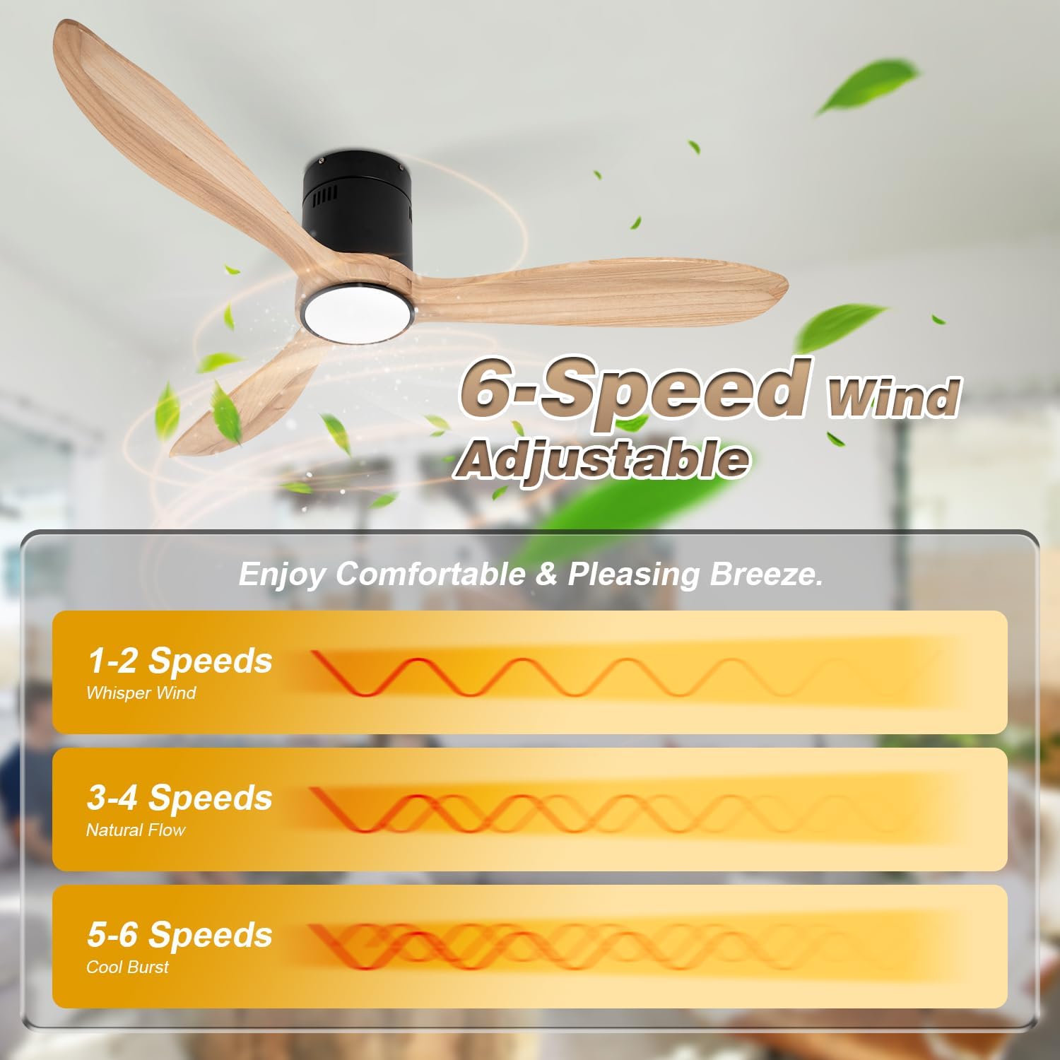 VACILL Flush Mount Ceiling Fan with Light,Low Profile Ceiling Fan,Natural Wooden Fan Blades,6 Speed,LED Dimmable,DC Motor,52 inch,Natural Wood Blade