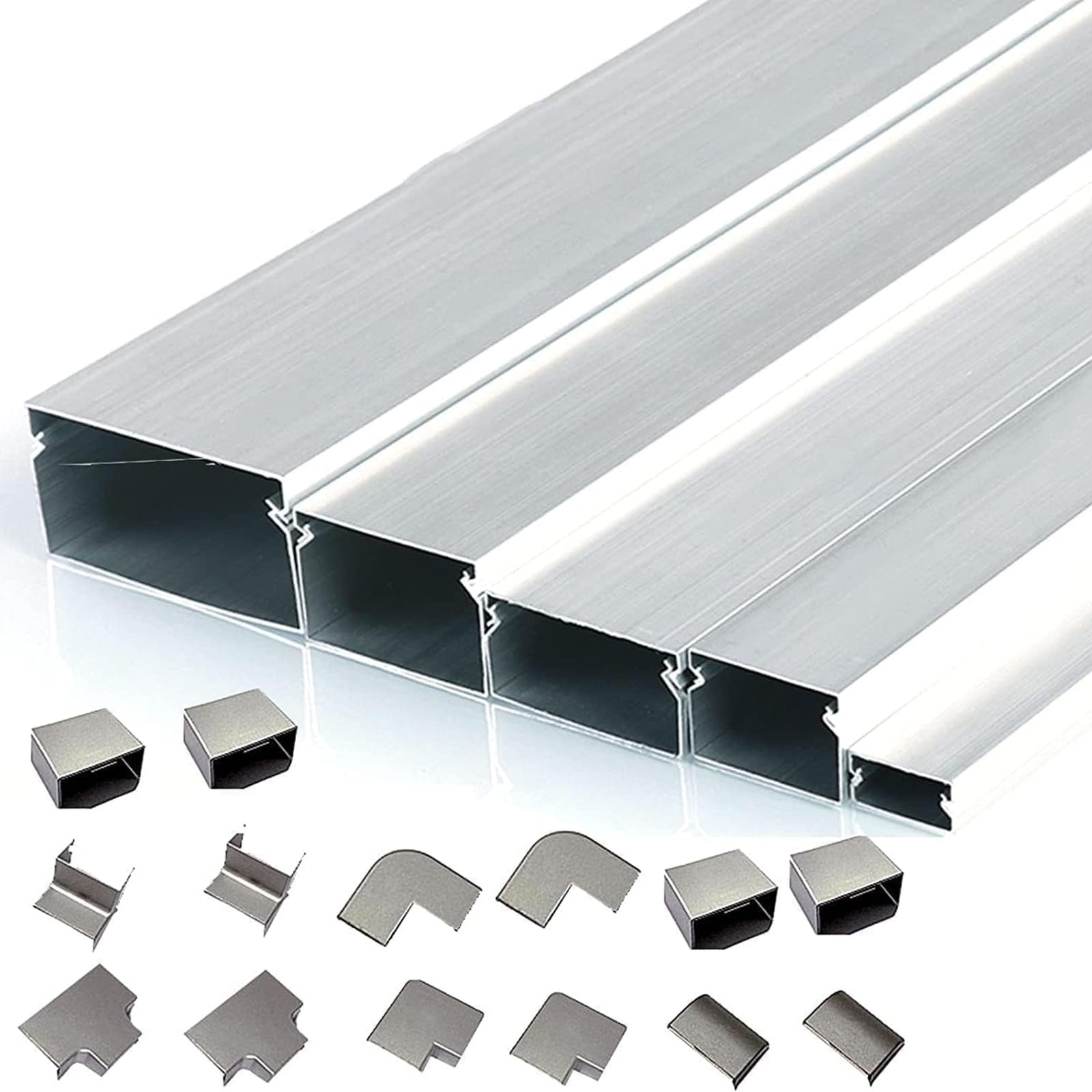 Generico Canalina Passacavi in Alluminio 5 m, Copricavi Pavimento e Parete | metallo antiabrasione, connettori PVC, strisce adesive, senza foratura, coperchio a incastro