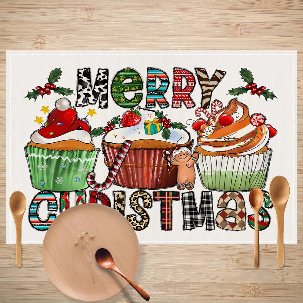 Manteles Individuales Pastel De Navidad Salvamanteles Individuales Mesa Juego De 8 Manteles Individuales Lavables Antimanchas Antideslizante Resistente Al Calor Bajoplatos Lino 45X30Cm