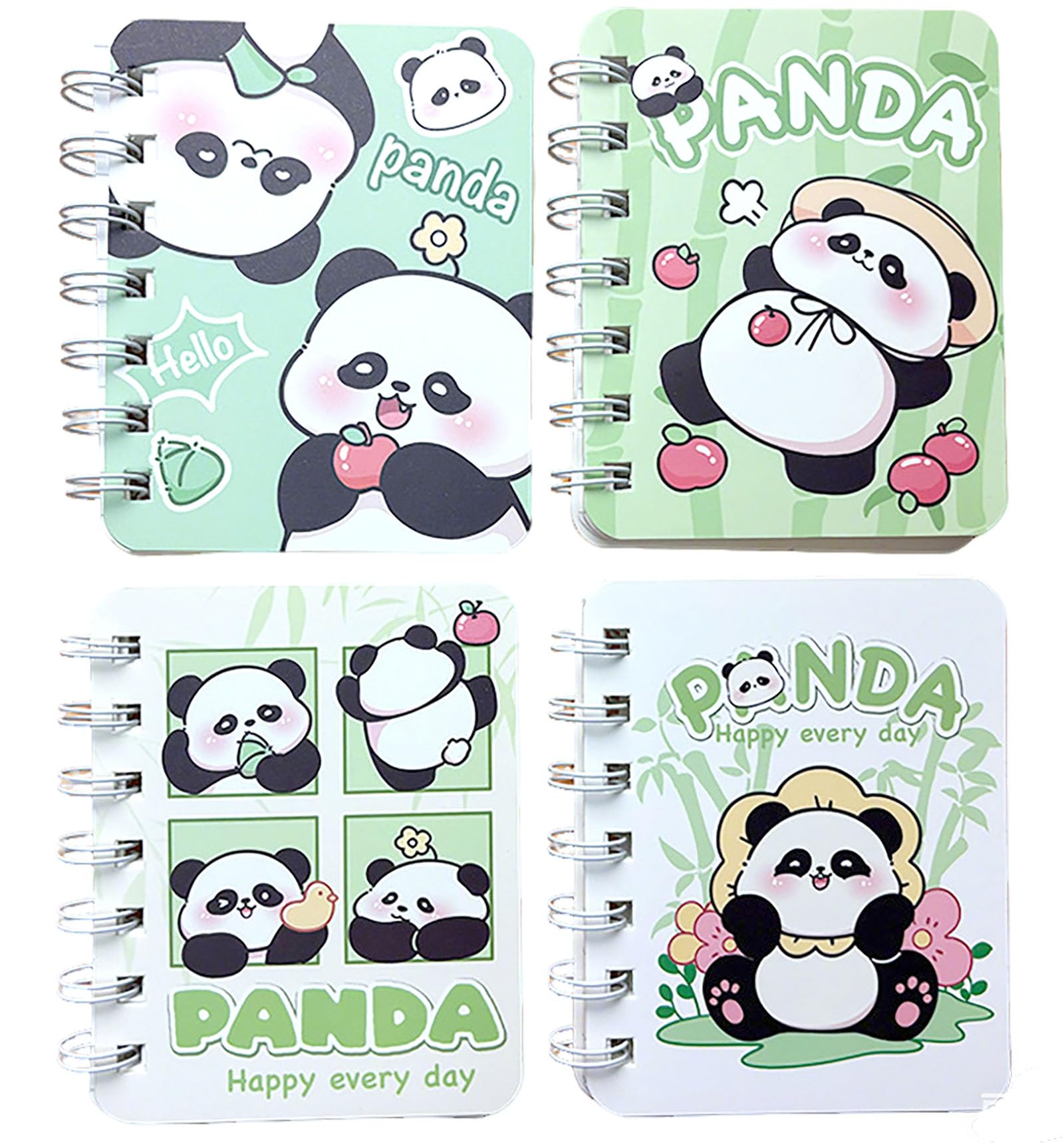 YIKANGHENG Cute Small Spiral Notebook, 4 Pcs 4 Inch x 3 Inch 4 Style Design Soft Paper Cover 8 mm Ruled Pages 80 Sheets(160 Pages) Journals for Study and Notes (Green panda)