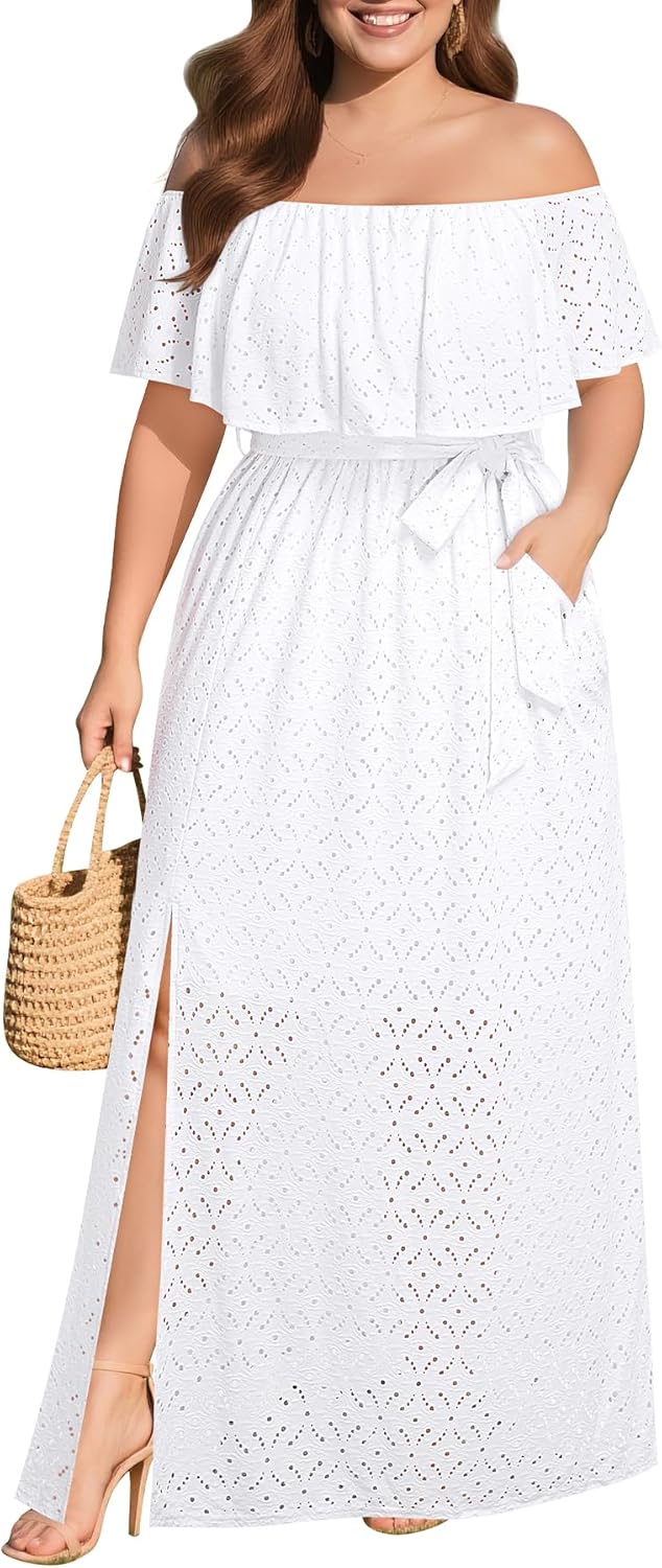 Pinup Fashion Women Plus Size Summer Dresses - Off The Shoulder Wedding Guest Eyelet Casual Maxi Dress Pockets