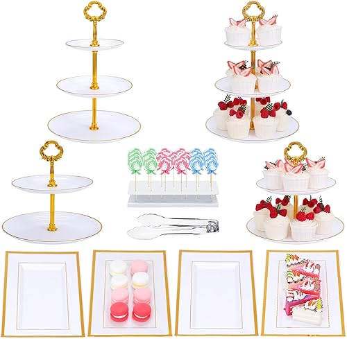 Juego de 10 piezas de exhibición de mesa de postre con borde dorado, 4 piezas de soporte blanco para pasteles de 23 niveles, 4 piezas de bandeja de
