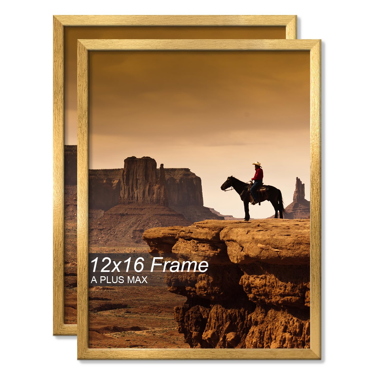 A PLUS MAX 12x16 Picture Frame Set of 2, Gold Engineered Wood Frame for 12 x 16 Inch Picture Poster Photo, Light Weight 12 by 16 Frame with Wood-grain for Wall - 2 Pack/Gold/12 x16