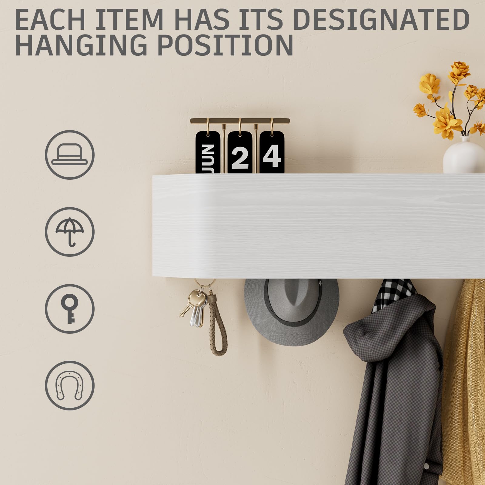 Huracan Wandgarderobe Holz, Moderne Garderobenleiste Wandmontage Eiche 88cm mit Verdeckten Haken, Minimalistische Kleiderstange Garderobenhaken Jackenhalter für Flur, Schlafzimmer, Eingang, Weiß