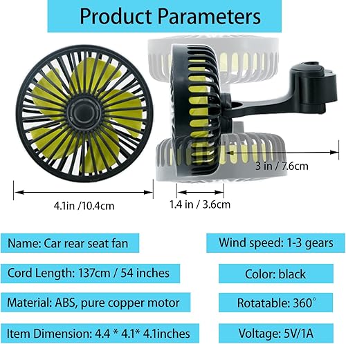 Miniatura 5 de Ventilador de asiento de automóvil, ventilador USB ajustable con clip de automóvil, ventilador de aire de refrigeración de 3 velocidades con 5 aspas