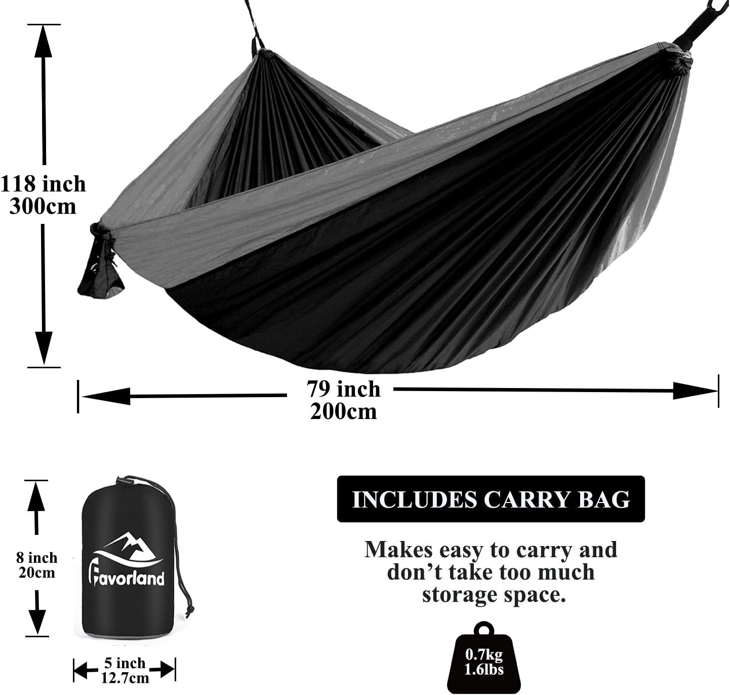 Favorland Camping Hammock Double & Single with Tree Straps for Hiking, Backpacking, Travel, Beach, Yard - 2 Persons Outdoor Indoor Lightweight & Portable with Straps & Steel Carabiners Nylon (Black)