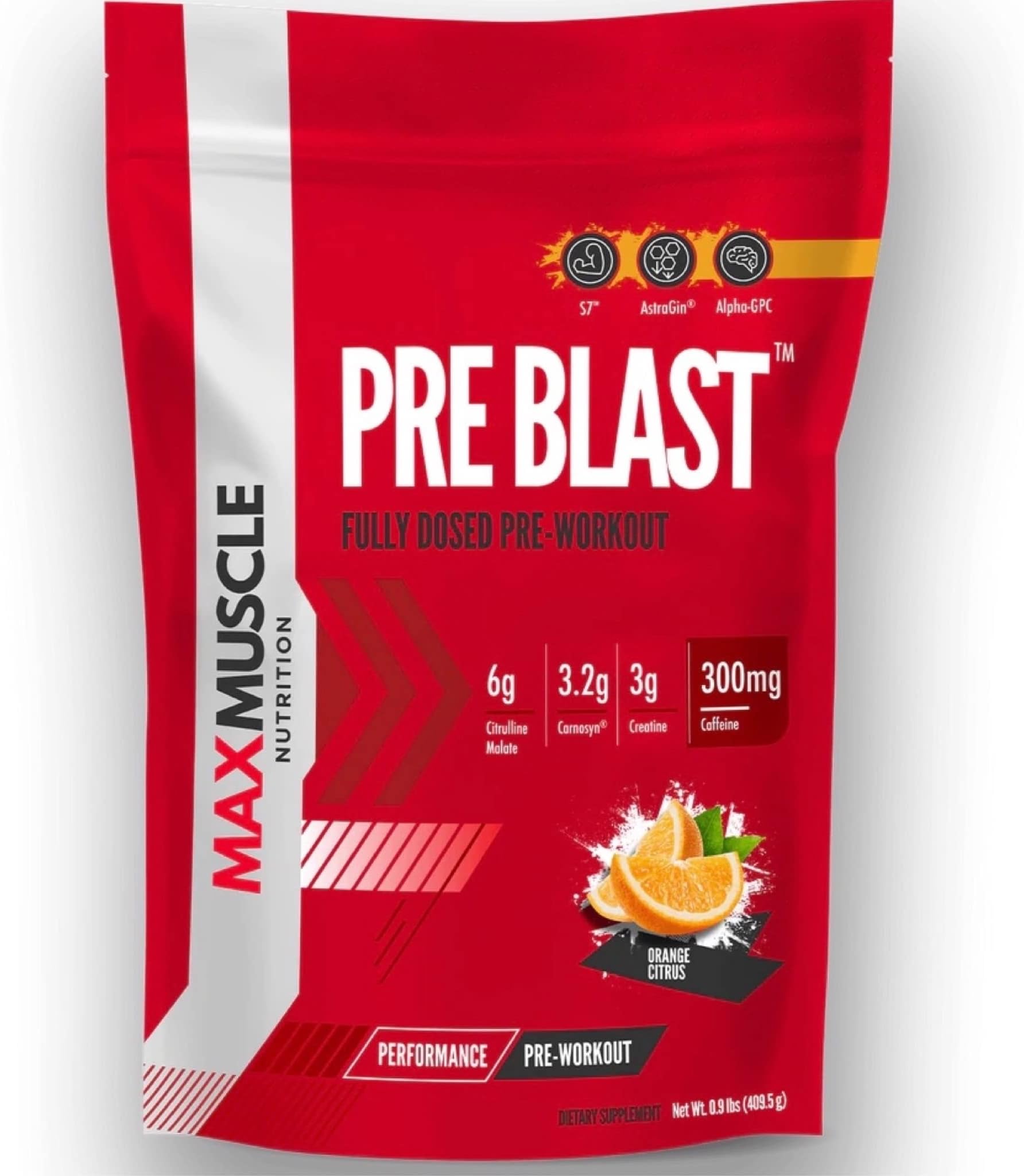 Max Muscle Pre Blast Fully Dosed Pre-Workout | Intense Pumps - Next Level Energy - Increase Strength | Creatine Monohydrate - L-Citrulline - 300mg Caffeine | 25 Servings (Orange Citrus)