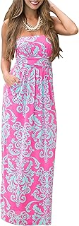 Womens Strapless Tube Top Maxi Dress Floral Boho Beach Dress with Pockets - Buy now