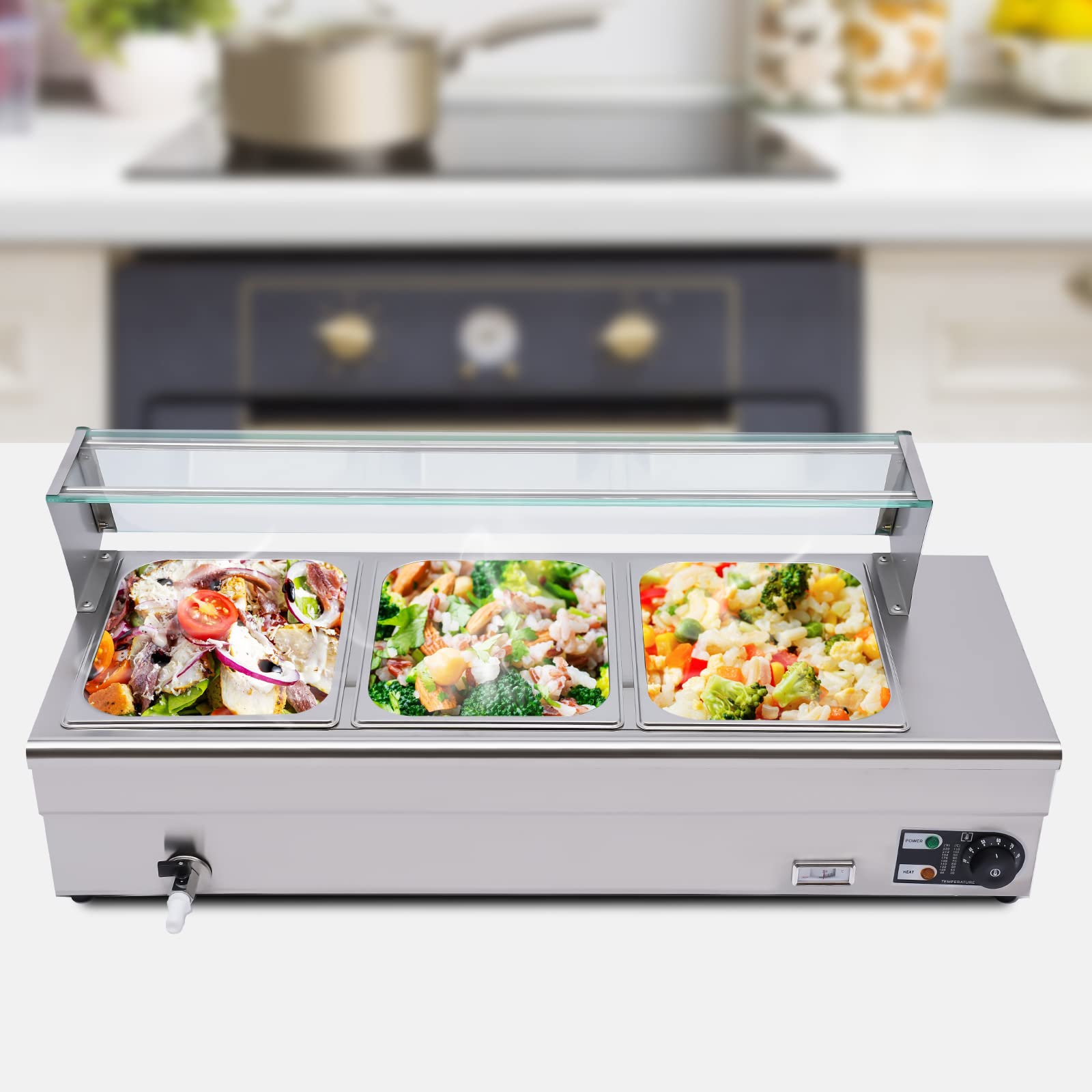 Scaldavivande per buffet, 1200 W, potenza di riscaldamento 22 kg, 3 pentole da 6 l, temperatura 30-80 °C, 0,6 mm, coperchio in vetro temperato, ideale per buffet, ristoranti, snack