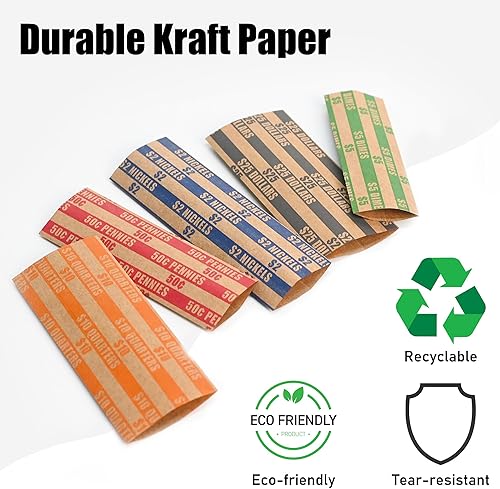 Miniatura 3 de NATURALABEL 250 envoltorios de monedas planos surtidos, 50 cada uno de cuartos, dólares, centavos, paquetes de papel kraft a rayas de monedas