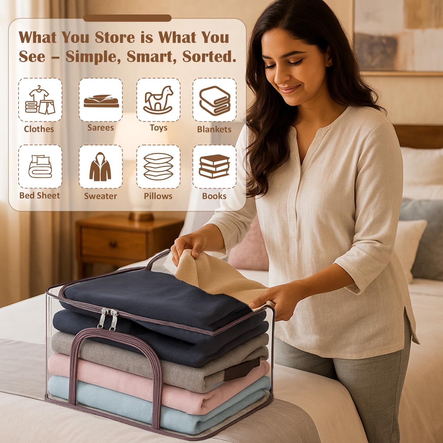 JD FRESH Polyvinyl Chloride 2 Pcs 34L Transparent Storage Bags With Handles/Foldable Storage Box For Clothes/Under Bed Box With Zippers/Wardrobe Organizer/Organiser For Blanket/Bedsheet,30cm,44cm 2