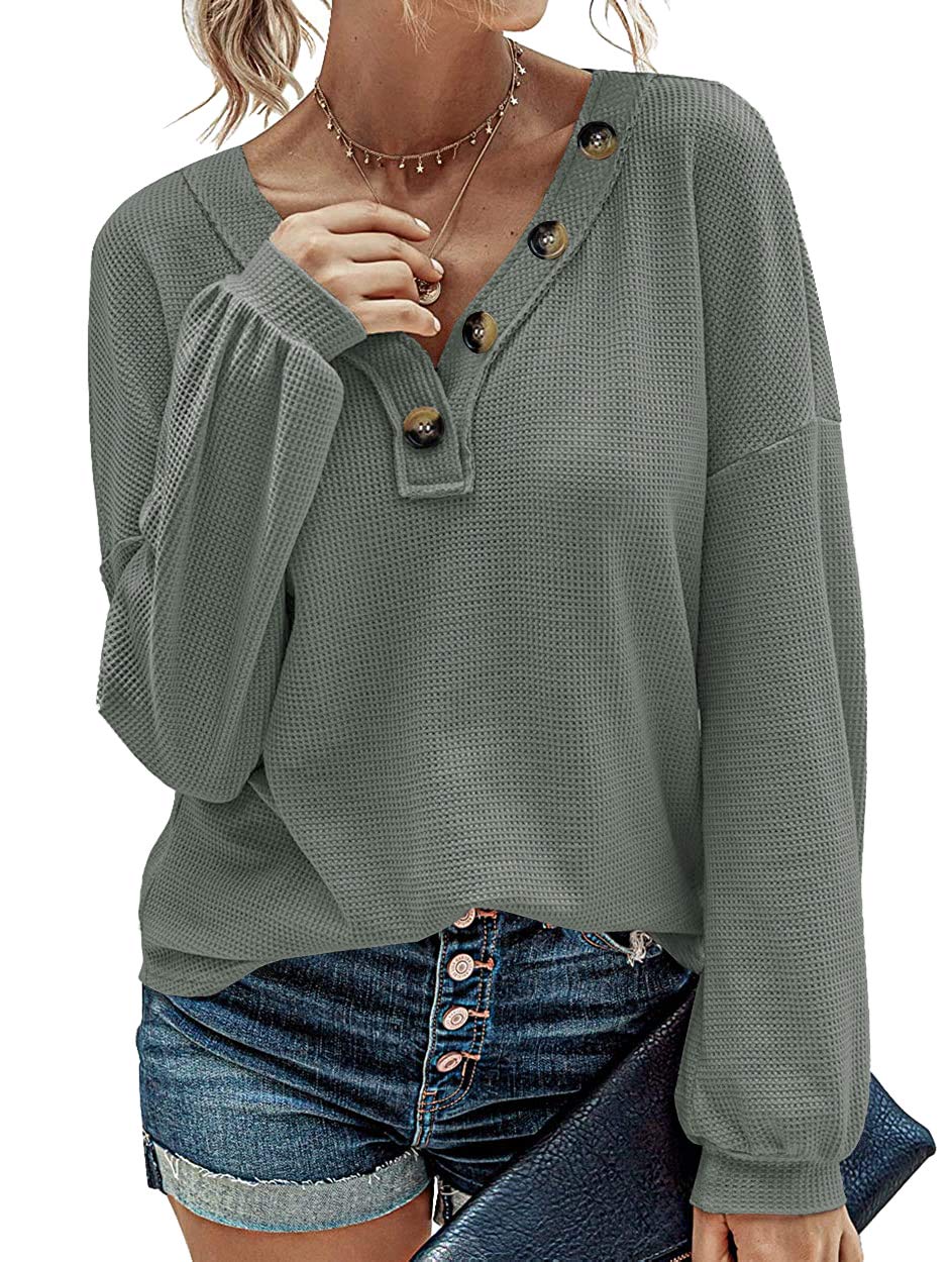 UMEKO Women Waffle Knit Shirts V-Neck Long Sleeve Casual Slouchy Loose Blouses Plain Faux Button Lightweight Pullover Tops