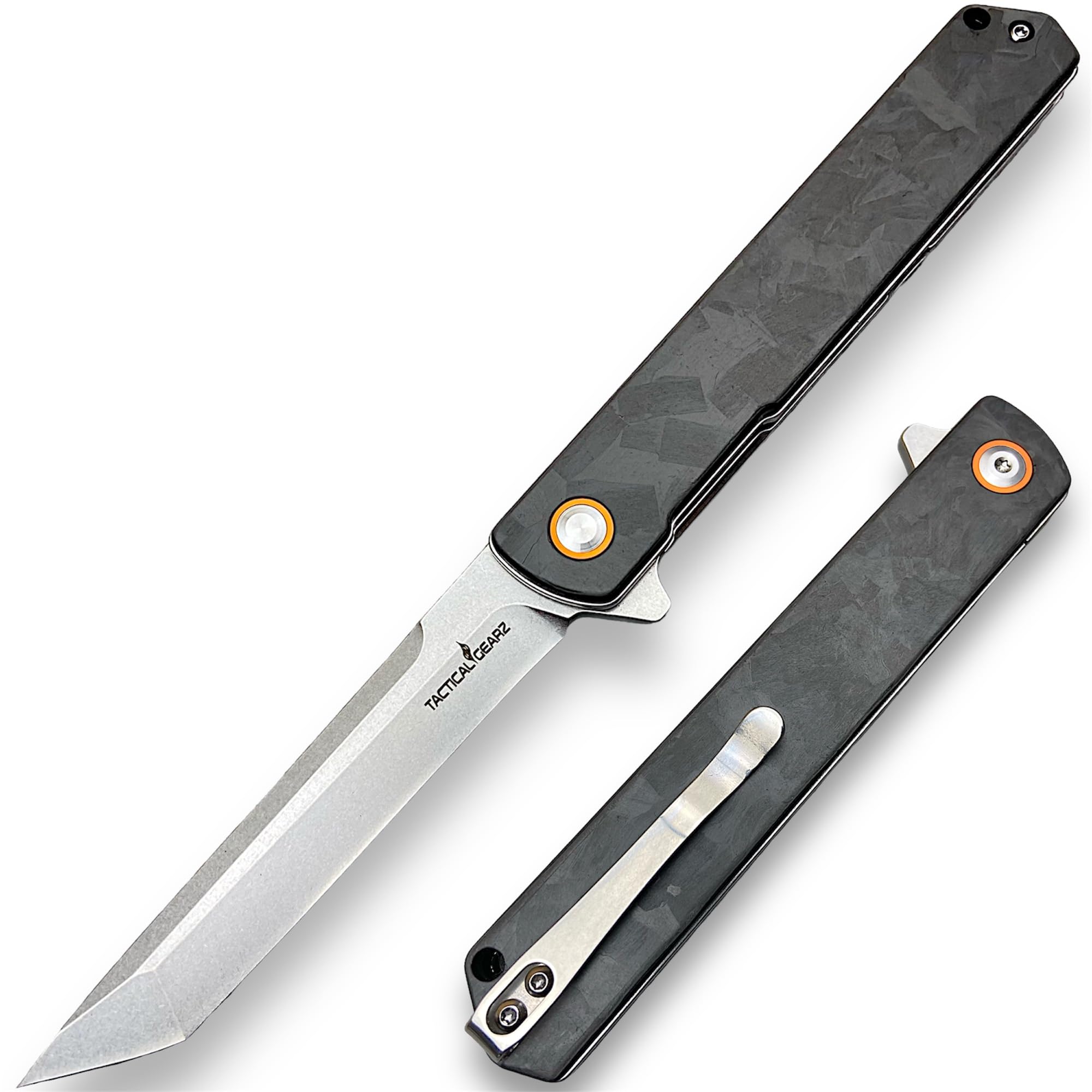 TACTICAL GEARZ EDC Pocket Folding Knife, Carbon Fiber Handle, D2 Steel Blade, Includes Sheath (Virgo CX Beast Bundle)
