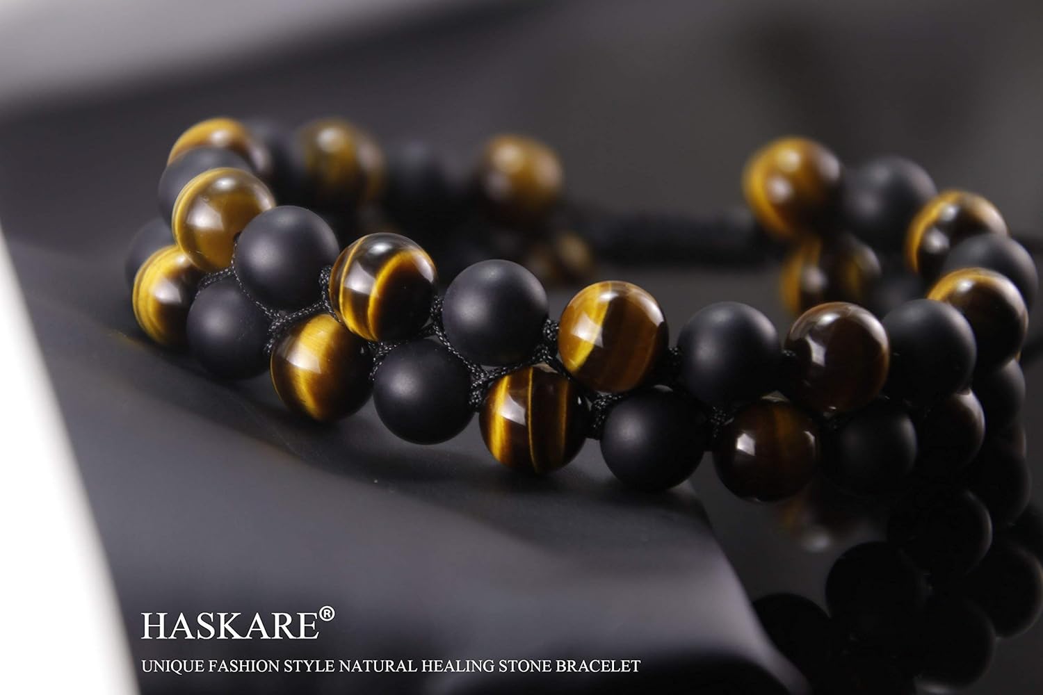 HASKARE Tiger Eye Stone Bracelet Men Women - Natural Energy Stone Essential Oil Lava Rock Black Onyx Tiger Eye Beads Bracelet Adjustable - Image 3