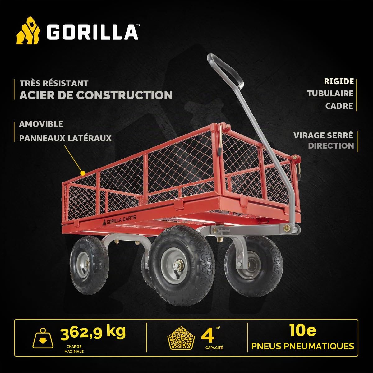 Gorilla Cart Capacité de 362.9 kg Robuste en Maille d'acier Convertible à Plat pour Jardin Extérieur Transport Véhicule Utilitaire - Noir