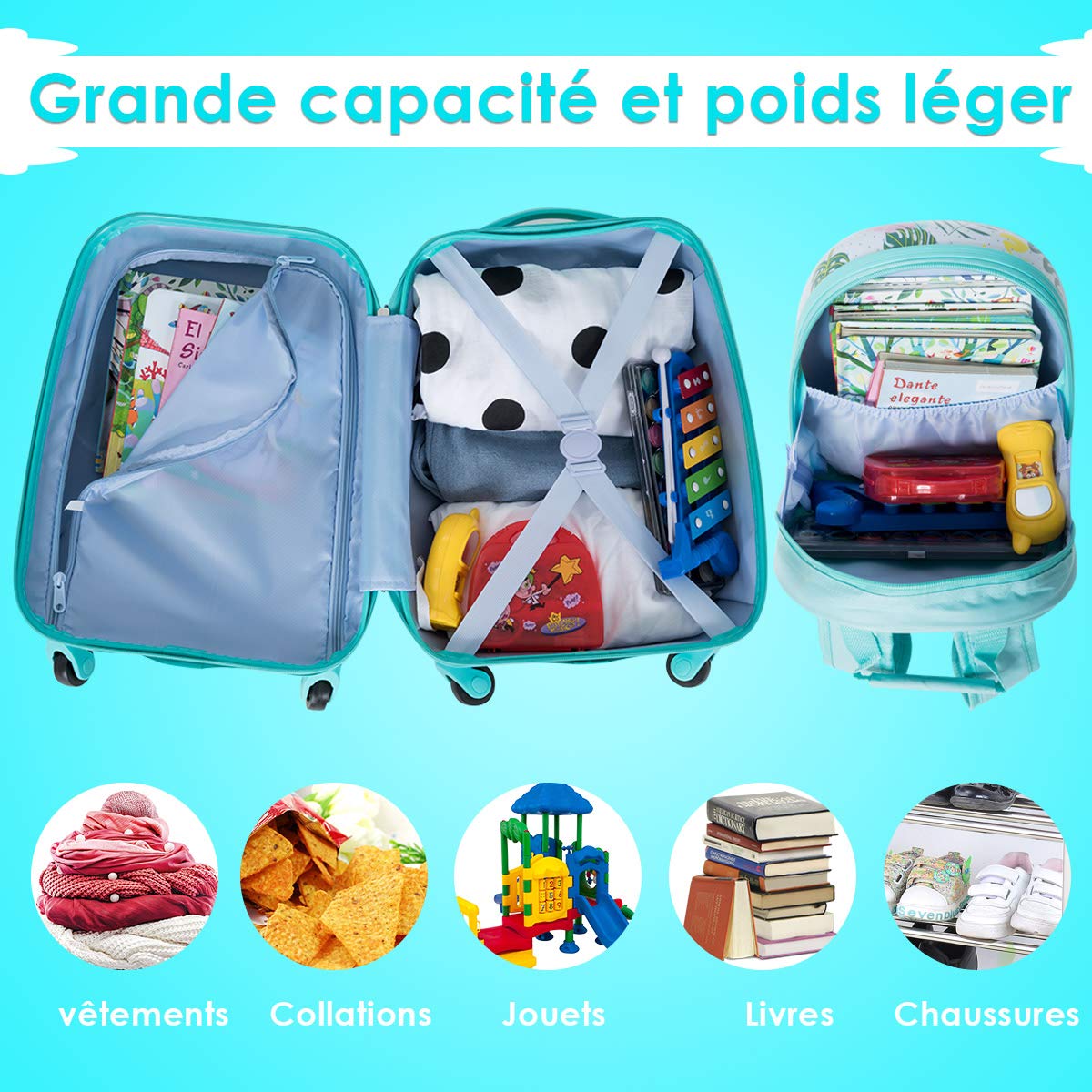 COSTWAY Valise Enfants à roulettes 16’’ & Sac à Dos 12’’ avec Poignée Télescopique, Bagage Enfants avec Motif Flamants, 4 Roues Rotatives, Lot de 2 Valise pour Fille Garçon