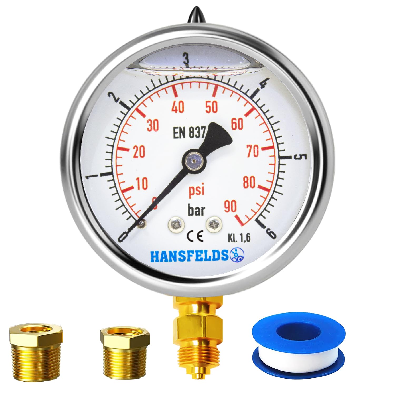 Manometro Hansfelds 0-6 Bar Con Liquido - 100mm, Attacco 1/2'' BSP, Scala Bar/psi, Precisione 1.6 - Foto 13