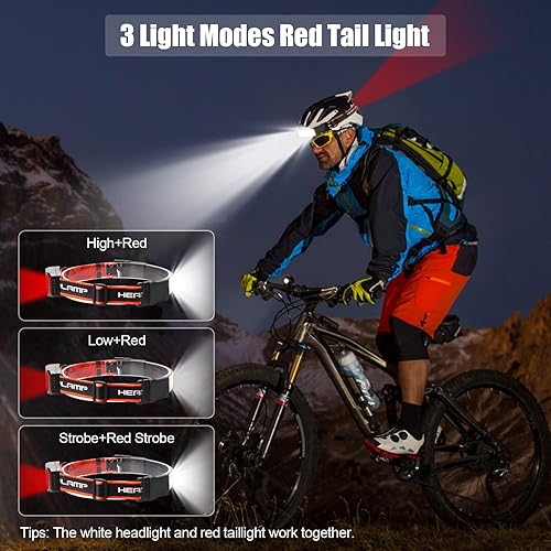 Miniatura 5 de Faro LED recargable de 1000 lúmenes de haz ancho de 230, lámpara de cabeza recargable USB con luz trasera roja, faros delanteros impermeables