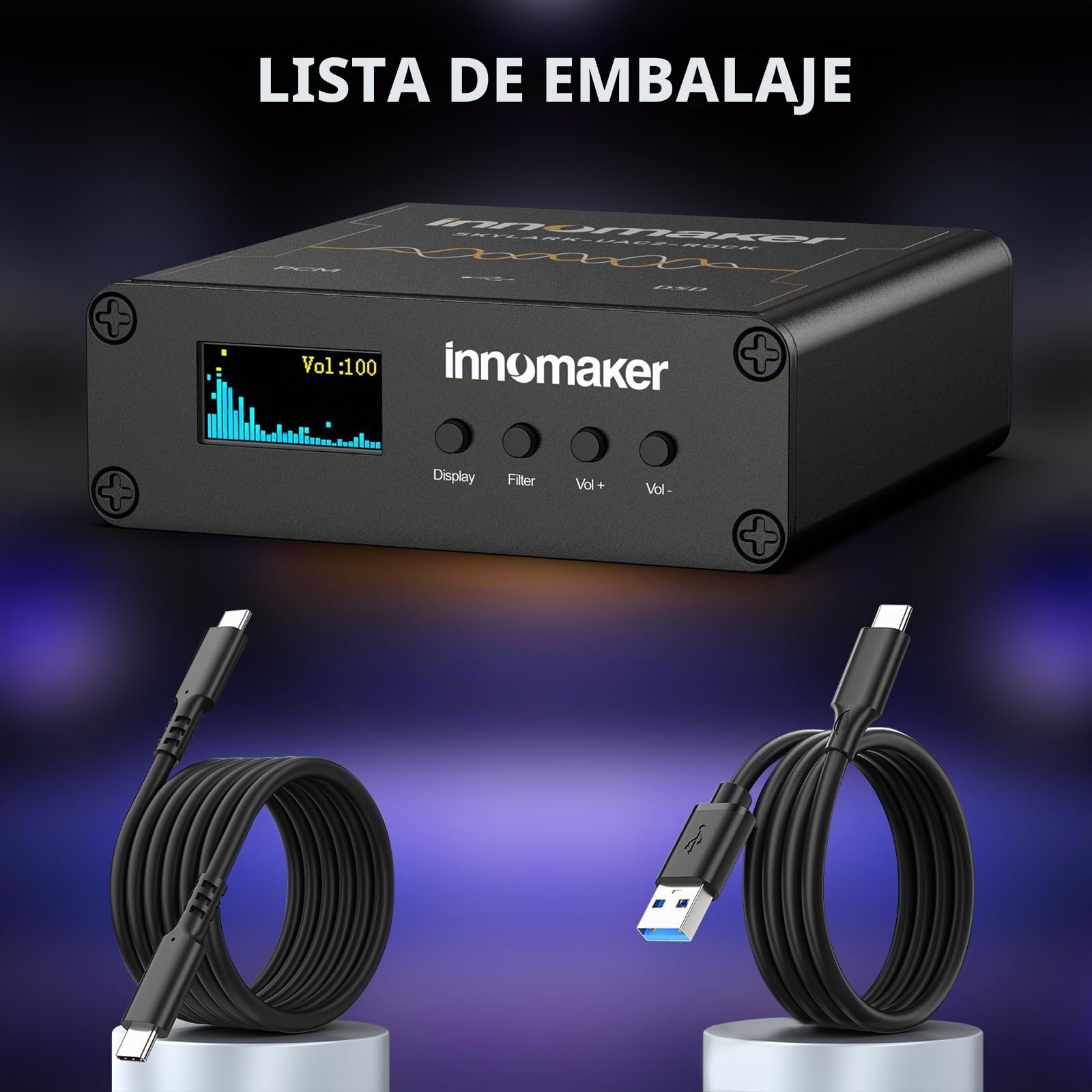 DAC USB HiFi/Amplificador de auriculares Salidas 3,5 mm/XLR ES9038Q2M PCM 32Bits/768kHz o DSD256 Pantalla FFT del espectro de audio Tarjeta de sonido para PC/ordenadores portátiles/SBC (no compatible