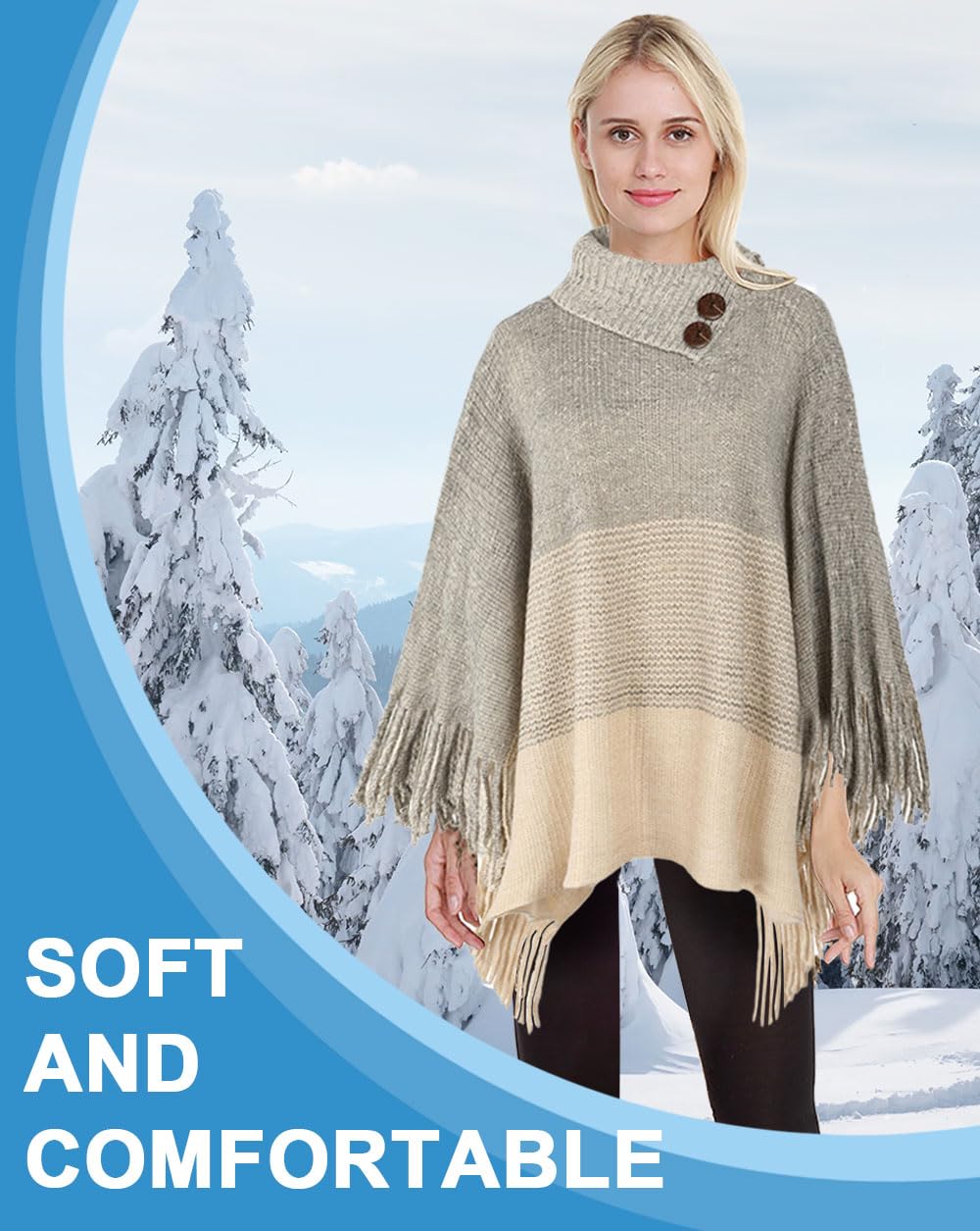 JFAN Poncho Donna Invernale Mantella Donna Poncio Invernali Caldo Elegante con Frange a Collo Alto con Maniche Bottoni