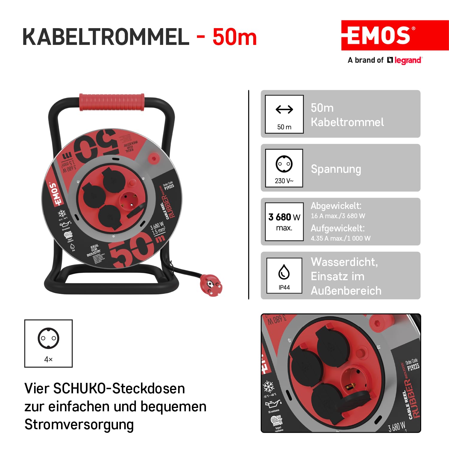 EMOS - Bęben kablowy 50 m z blachy stalowej – 4 gniazda Schuko – wodoszczelny, odporny na uderzenia, olej i warunki atmosferyczne – 230 V, 16 A, 3680 W – izolacja gumowa – H07RN-F 1,5 mm² – IP44 do