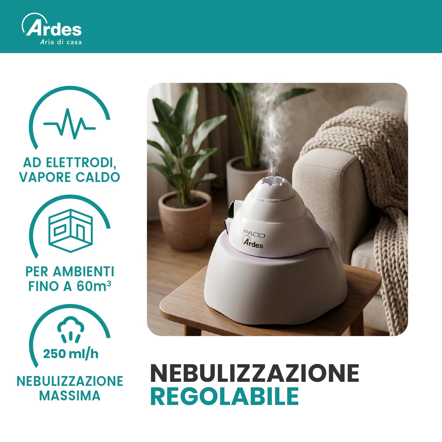 ARDES | AR820 Umidificatore a Vapore Caldo PACO ad Elettrodi 400W, Umidificatore Vapore Caldo Terapeutico con Vaporizzatore Regolabile ed Autospegnimento, Capacità 2 Litri per 8 Ore di Autonomia