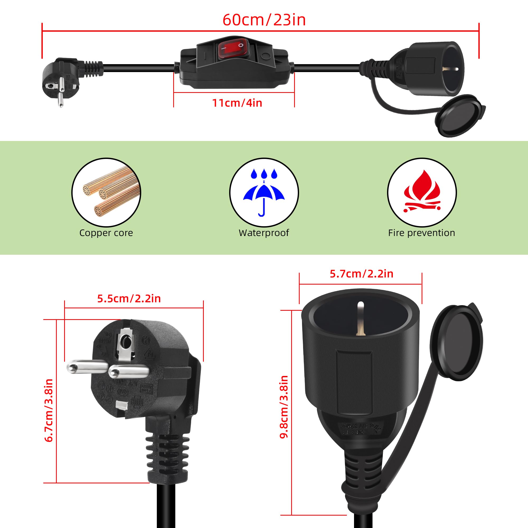 GELRHONR Rallonge Avec Câble D'Contact De Protection, 250V/16A Schuko Câble D'alimentation Fiche De Contact De Protection Type F (CEE 7/7) Coudé à 90° Par Rapport à La Prise (CEE 7/7)- Noir (0.3M