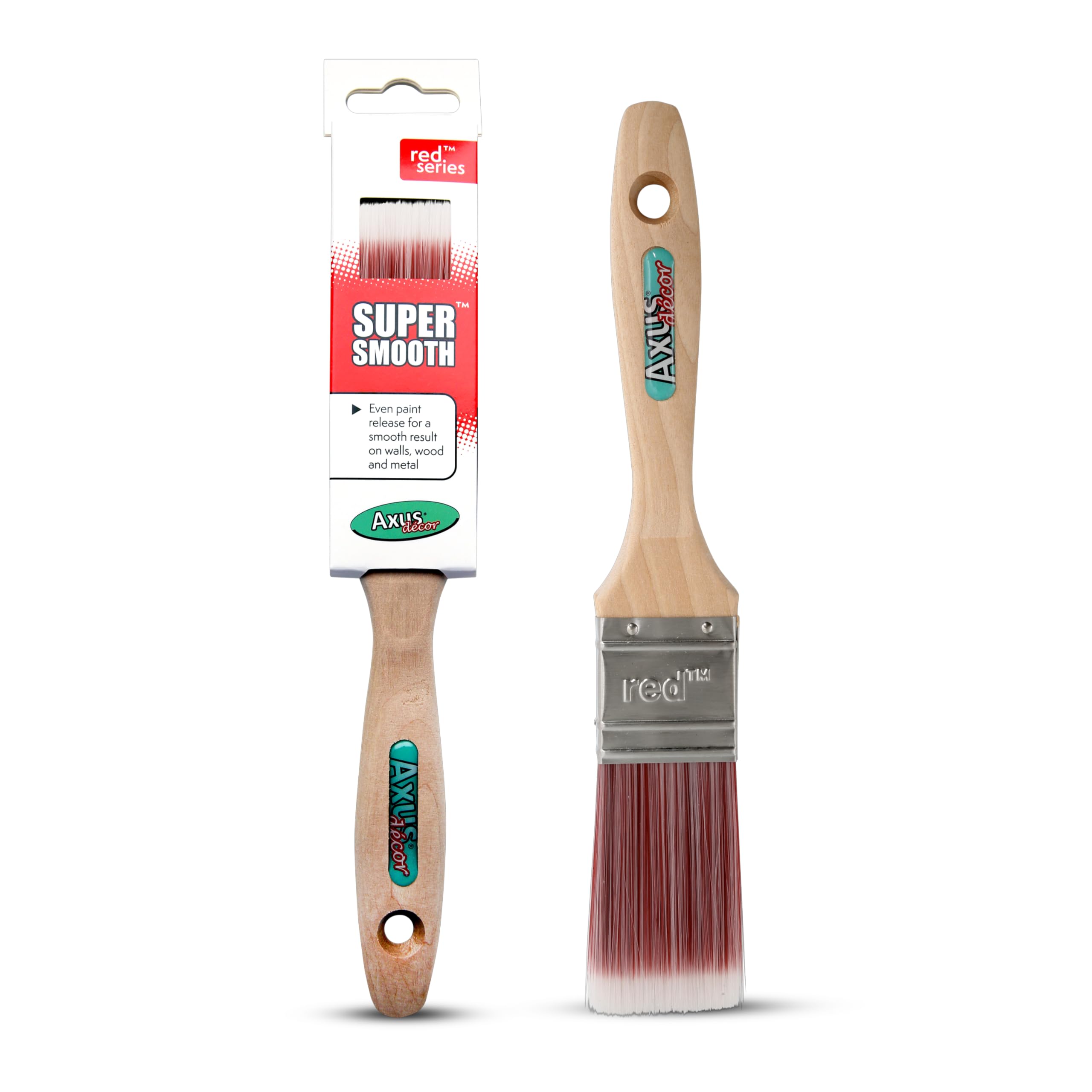 Axus Decor Red Super Smooth Brush ( Series) Paint Brush For All Paints, Eco-Friendly, Unvarnished, Hardwood, Beaver Handle, Rust-Resistant Stainless Steel Ferrule, Synthetic Filaments - 1.5"/38Mm