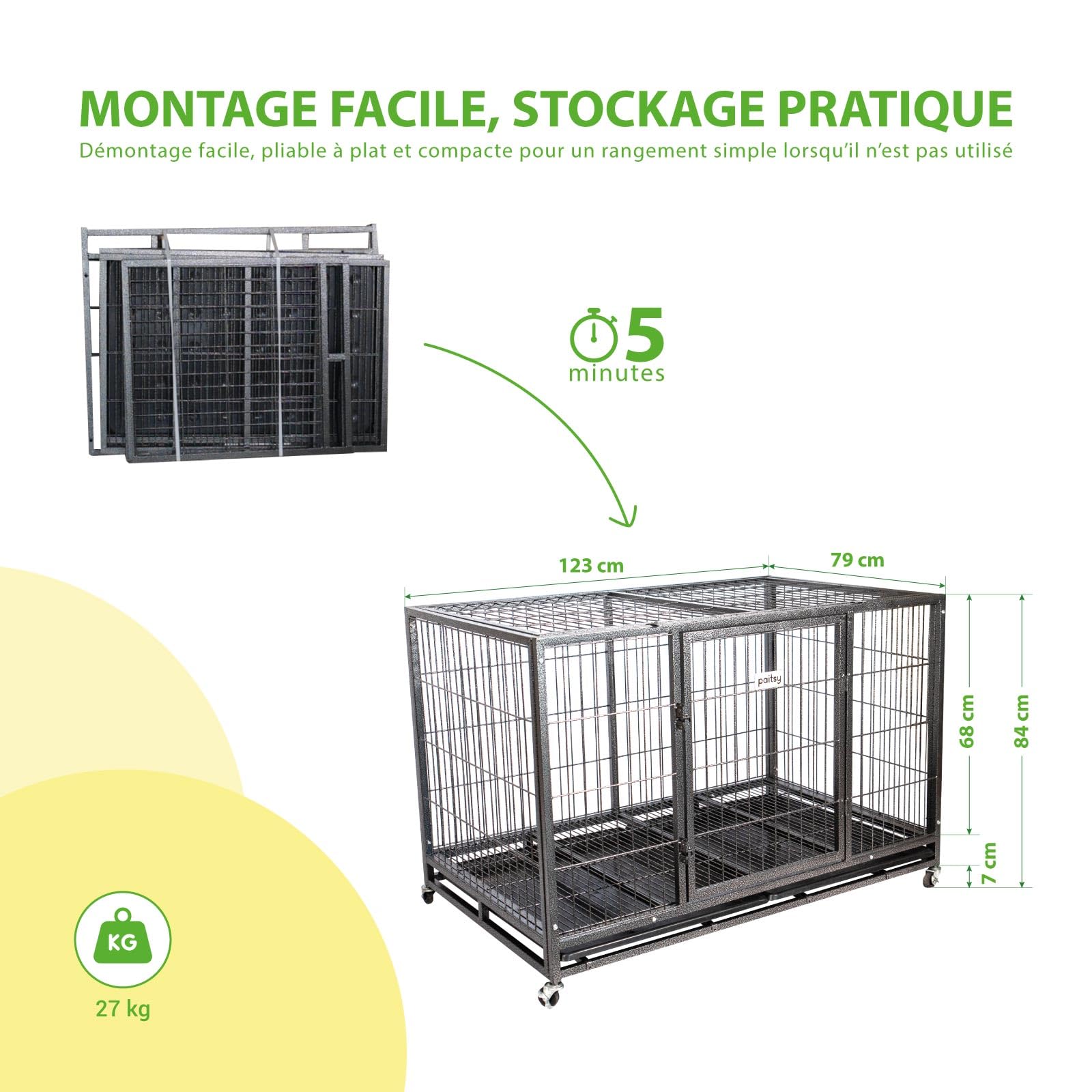 Cage pour Chien intérieur et extérieur MouvedyXL, 123x79x84cm, Caisse de Transport, Roues verrouillables, Pliable, 2 Portes, Plateau Amovible Paitsy