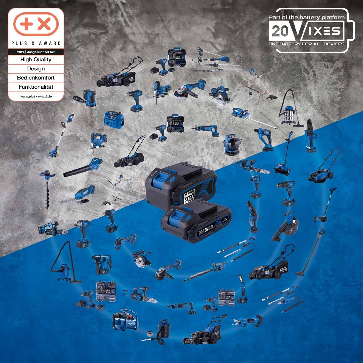 Scheppach 20V IXES battery platform showing various compatible tools.