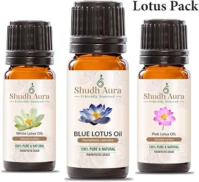 Lotus Essential Oil Combo Pack, Set of 3 Bottles, Pink Lotus, Blue Lotus, White Lotus, 100% Pure, Undiluted and Natural, 5 ML
