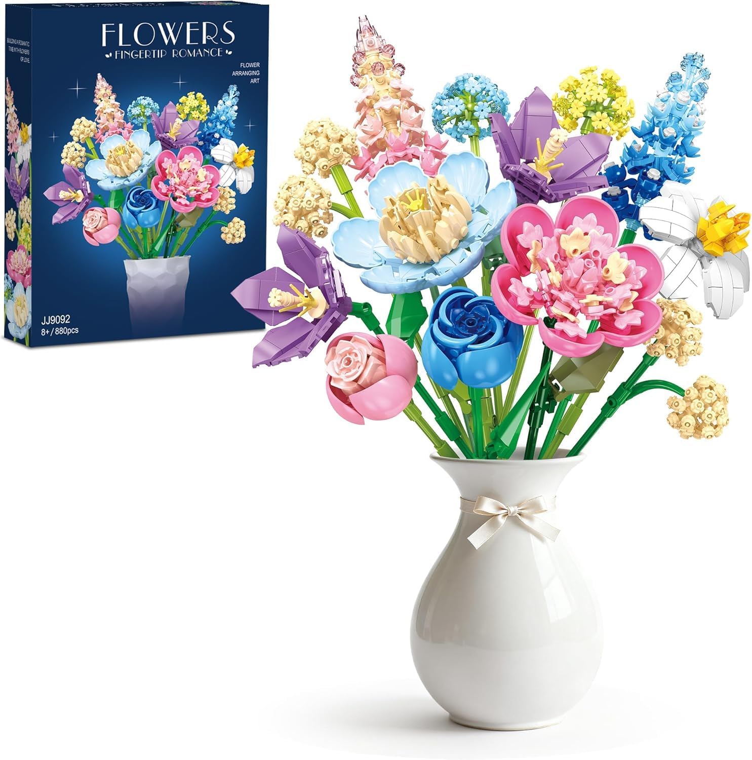 Flowers Bouquet Building Set, Botanicals Collection Artificial Flower, Rose, Peony, Narcissus, Balloon Flowers, Flower Arrangement Art, Home Decor Gift for Girls and Women
