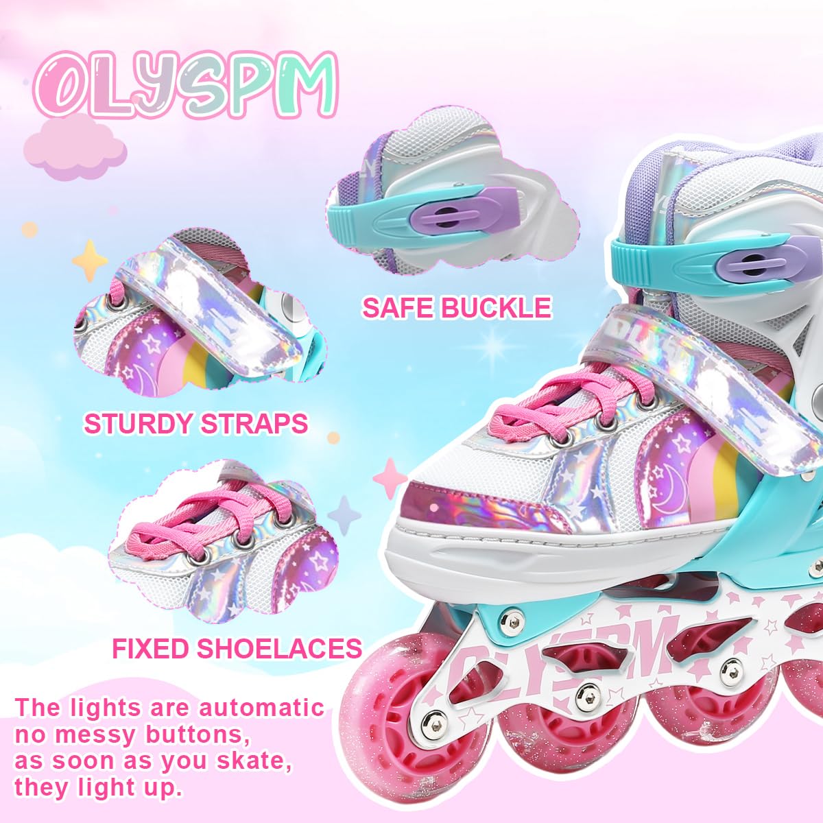 Patin a Roulette Fille avec Roues Lumineuses,Rollers en Ligne Tailles Ajustables et Design Arc-en-Ciel,Cadeau d'anniversaire ou de Noël pour Garçons,Débutants