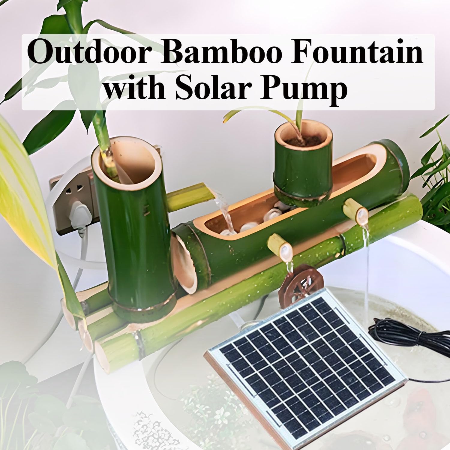 Kit Pompa Acqua Solare Fai da Te, Fontana in bambù per Interni/Esterni con Pompa, Fontana Decorativa da Giardino Resistente alle Spaccature, per Laghetto, Piscina, Giardino 60 Cm